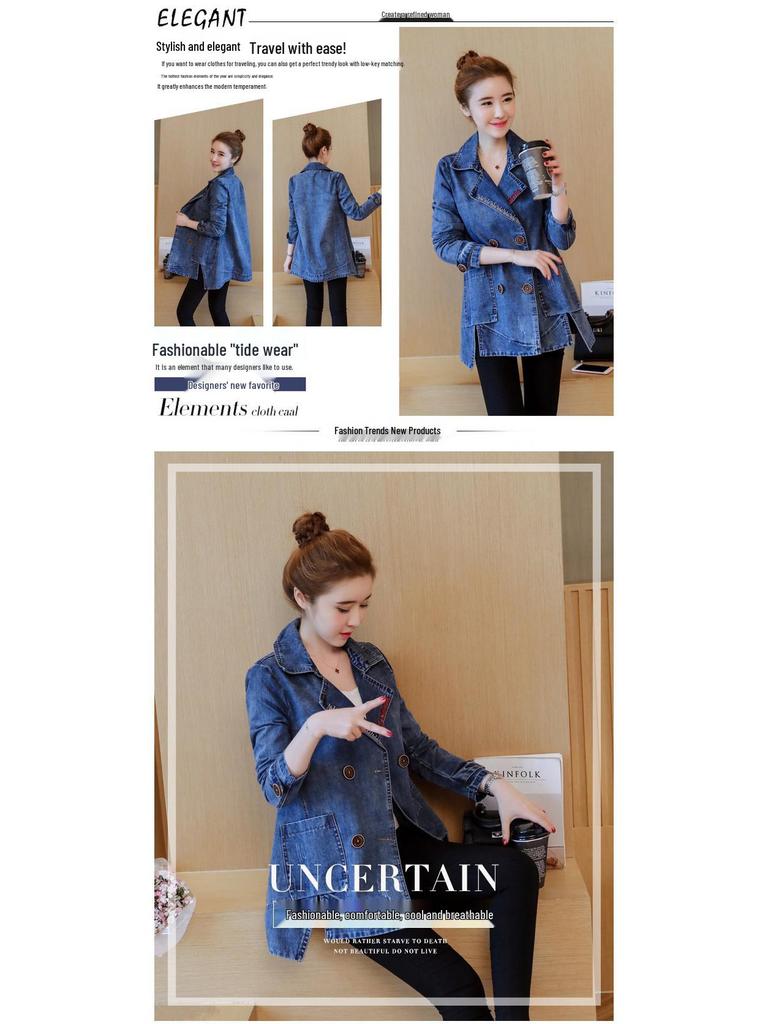 2024 Women's Versatile Slim Korean Denim Windbreaker - Loose Mid-Length for Spring & Autumn