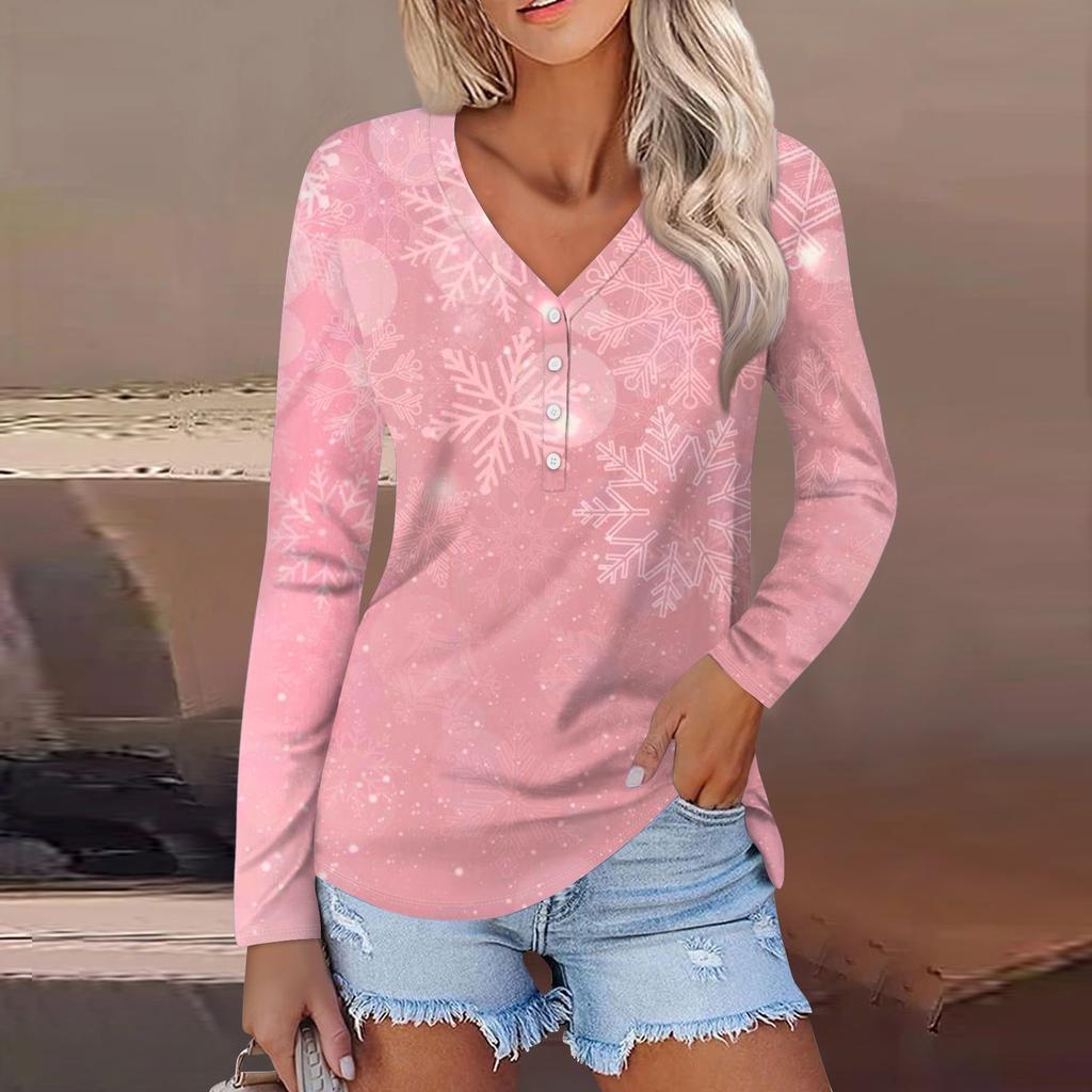 Women's Casual Fashion Sexy Comfort Christmas Printed V-Neck Button Long Sleeve