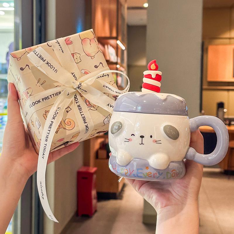 Супер милая керамическая кружка для торта с крышкой и ложкой, офисная кружка для кофе, парная кружка для молока и завтрака, подарок на день рождения