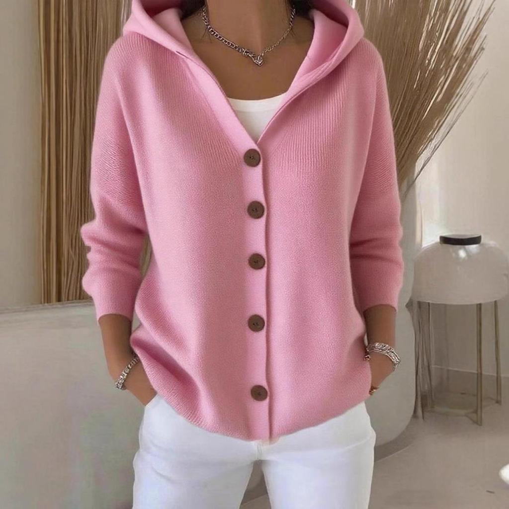 Women's Solid Color Hooded Knit Cardigan - Single-breasted, Long Sleeve, Elegant Commuter Style (2026 Edition)