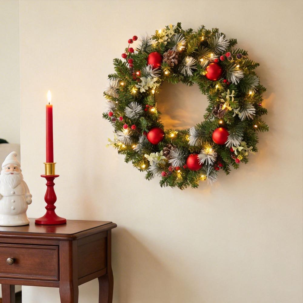 Artificial Berry Pinecone Red Ball Christmas Party Wreath Xmas Pine Branches Ring Ornament Hotel