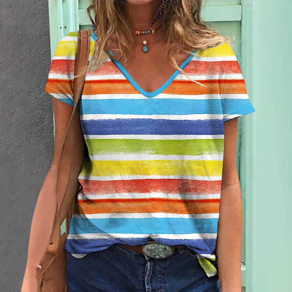 3D Striped Print T-Shirts For Women Oversized V-Neck Short Sleeve Tops Summer Fashion Popular Female Clothing 2024 Streetwear