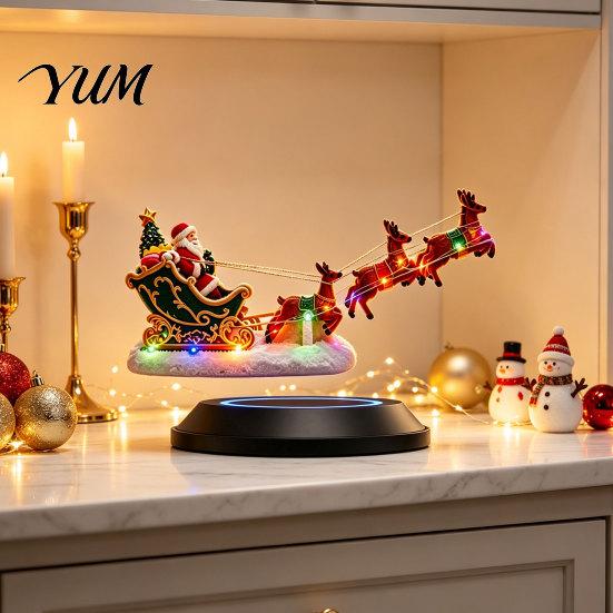 Holiday Tabletop Decor Lighted Floating Santa Sleigh, Magnetic Levitation Flying Sleigh Ornament with Bookshelf LED Light, Christmas Centerpiece