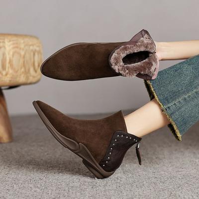 Мода НОВЫЕ Зимние Женские Сапоги Острый Носок Необычный Каблук Обувь Овчина Замша Кожаная Обувь для Женщин Ботильоны на Молнии Теплая Шерсть Современные Сапоги