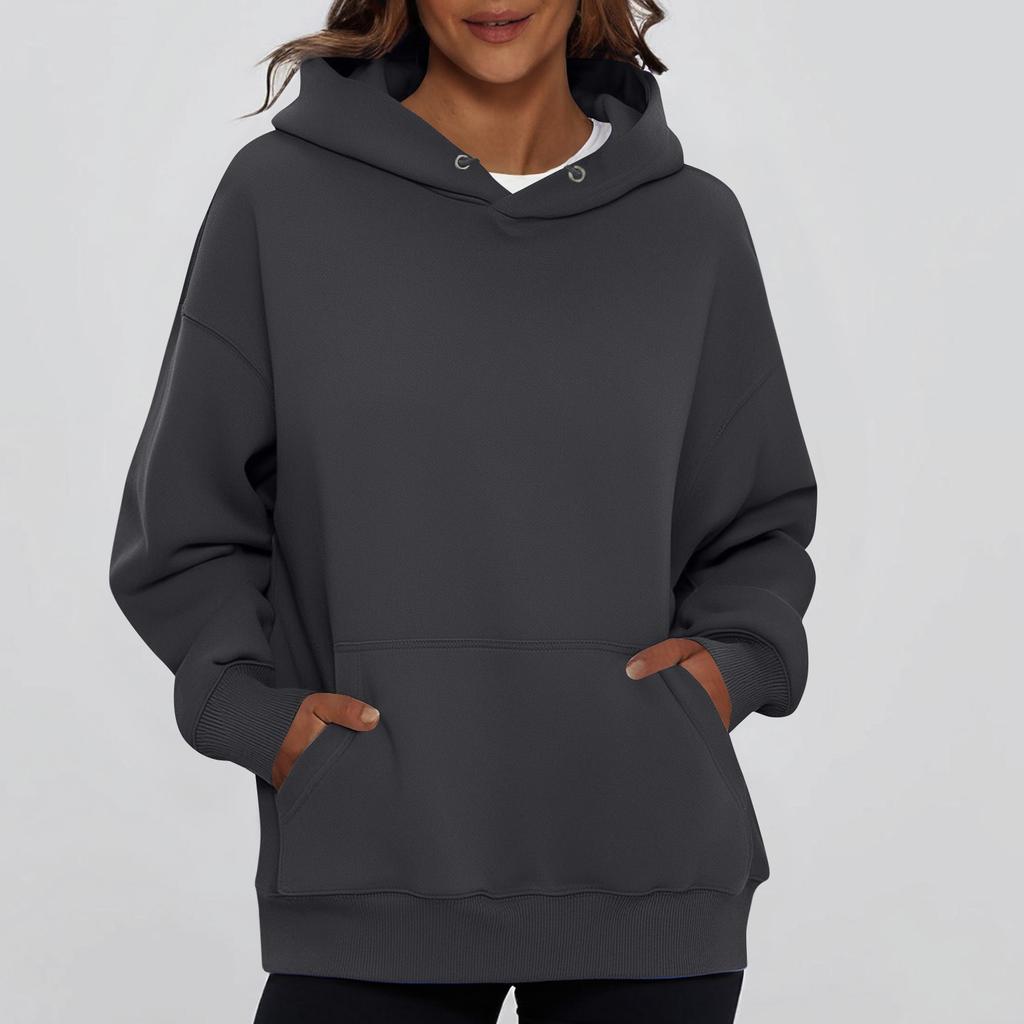 Ladies' Fashionable Solid Color Casual Hooded Pocket Long Sleeved Sweatshirt