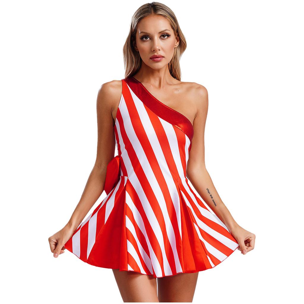Womens Christmas Party Dress Single Shoulder Sleeveless High Waist A Line Design Bow Knot Stripes Holiday Festival Costume