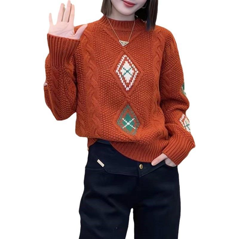 Autumn and Winter New Retro Rhombus Inlaid Contrasting Jacquard Sweater New Christmas Atmosphere Knitted Crew Neck Top