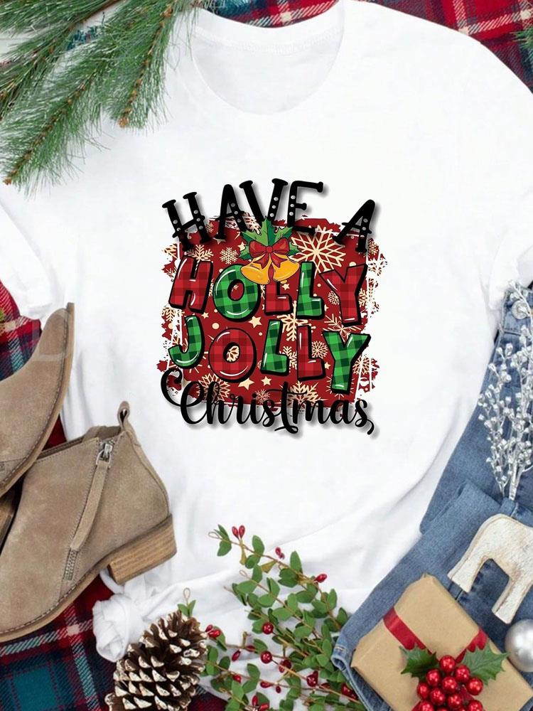 (Азиатский размер) Футболка Новогодний праздник милый стиль письма Счастливого Рождества Топ фестиваль Повседневная Женская Принт Леди Короткий рукав Модные Графические футболки