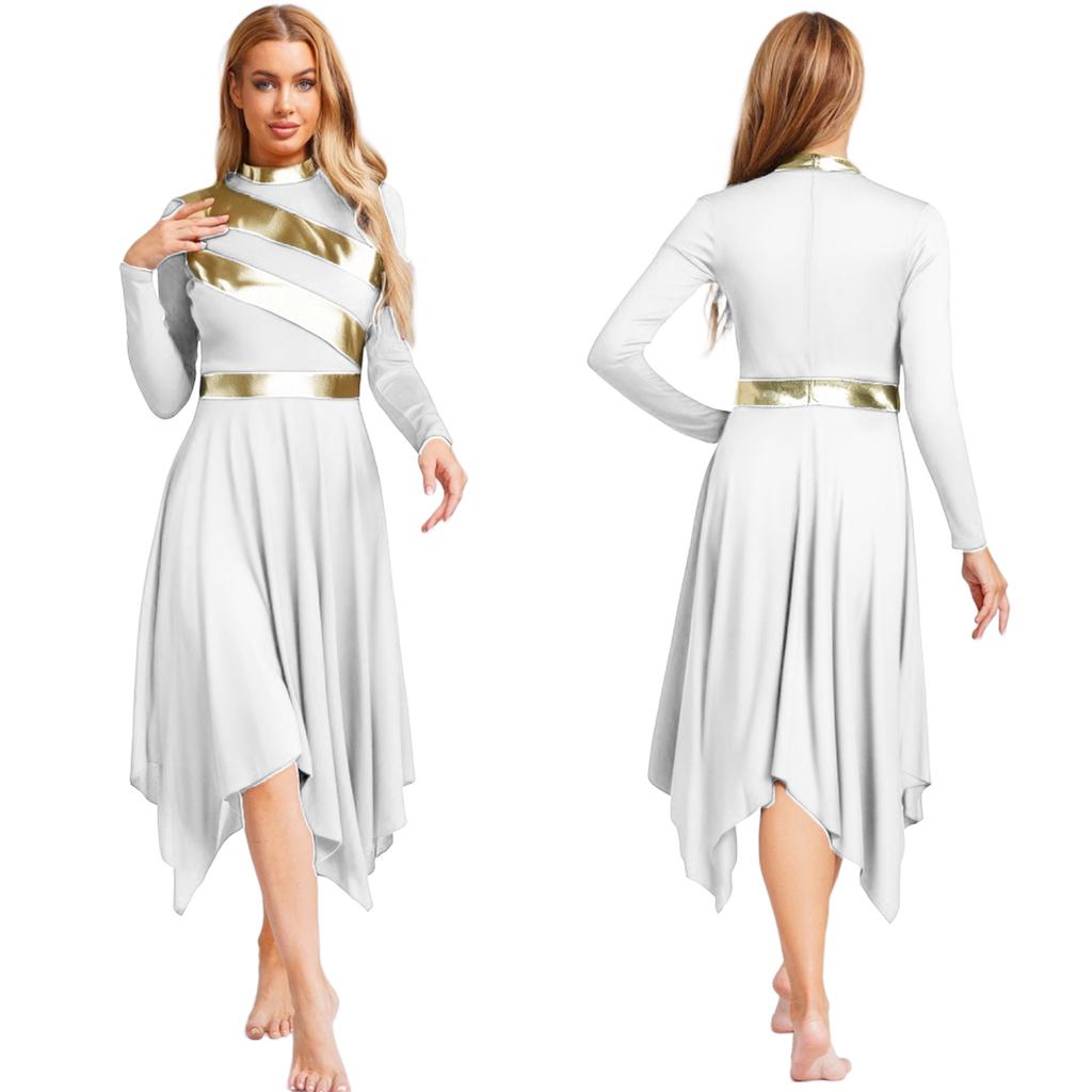 Metallic Patchwork Dress for Women Long Sleeve Worship Praise Tunic Irregular Hem Dance Costume