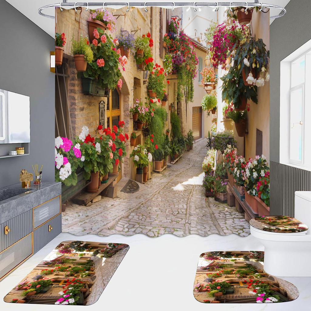 4 шт., наборы занавесок для душа в европейском стиле с архитектурой замка Мандала для ванной комнаты, нескользящие коврики для ванной комнаты, крышка для унитаза, коврик для ванной