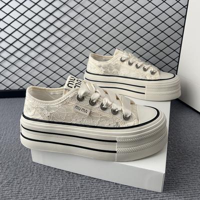 Сетчатая обувь женская летняя тонкая 2025 новая дышащая сетка шнуровка толстая подошва универсальная повседневная обувь для скейтборда парусиновая белая обувь