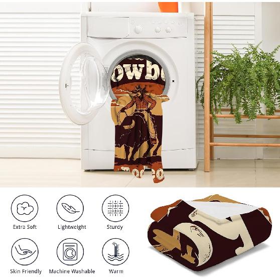 Cowboy Blanket, Western Cowboys Throw Blanket for Boys Men, a Western Cowboy Ride a Bull Orange Plush Blanket, Retro Country Farmhouse n West Theme