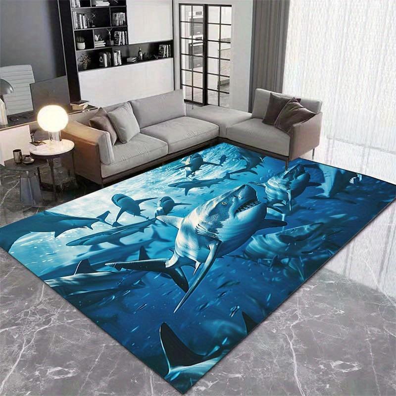 Shark Group Crystal Rug, 800gsm Velvet Polyester, Non Slip Carpet, Realistic Underwater Scene, Bold Living Room Bedroom Decor