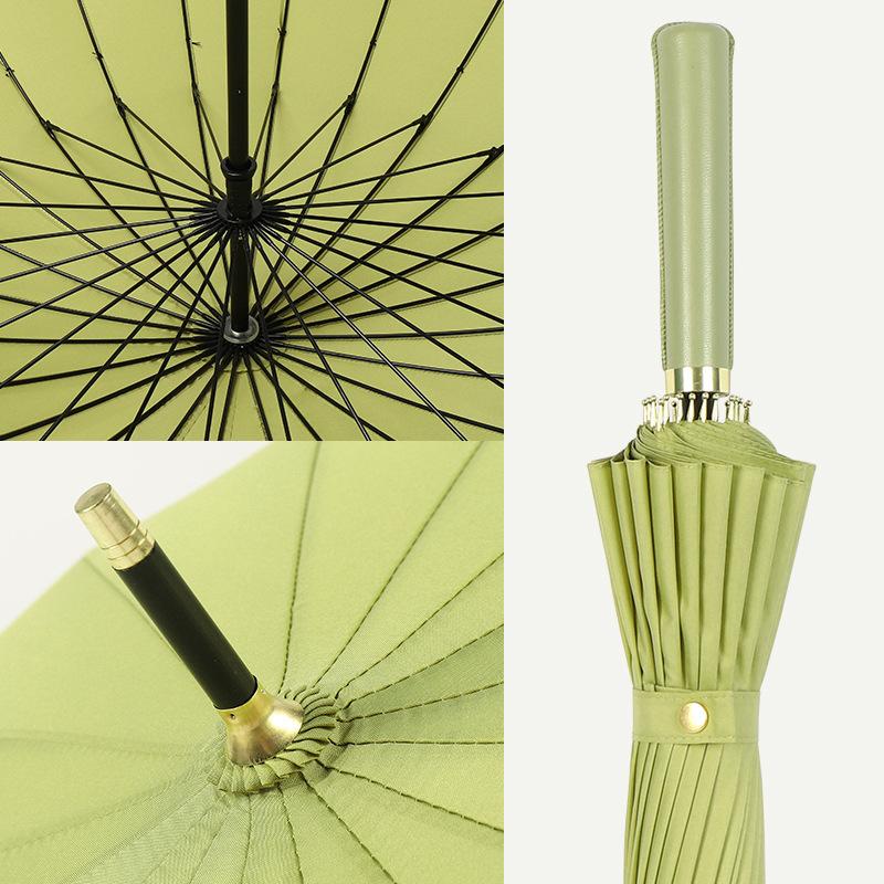Маленький свежий зонт с длинной ручкой из 24 костей, большой мужской, полностью армированный волокном, цветная схема, кожаная ручка, прямой зонт с тростью, ветрозащитный