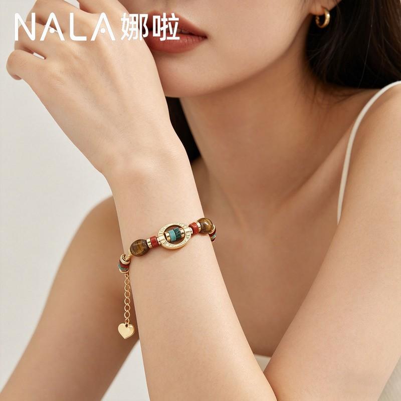 Boho Chic Geometric Stone Beaded Bracelet With Gold-Tone Metal Accents Vintage-Inspired Womens Handmade Jewelry