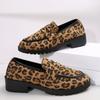 Women's Leopard Print Loafers - Slip-On Casual Shoes, Round Toe, Flat Sole, British Style, All-Season Comfort, Black & Brown Animal Print Design