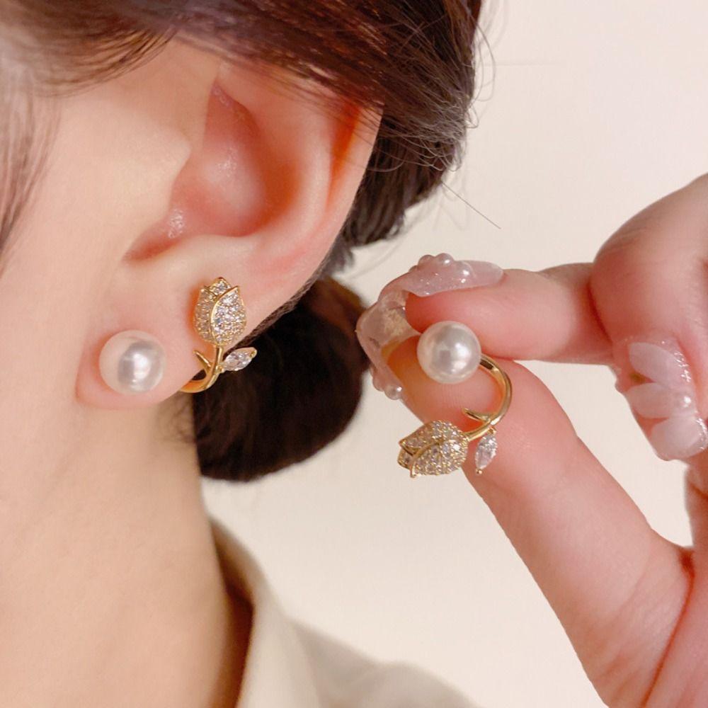 Earrings Tulip Rhinestone Jewelry Pearl Stud Earrings Korean Style Earrings Women Zinc Zinc Alloy Earrings