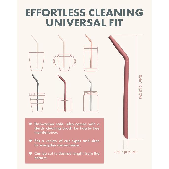 Nightingale Reble Silicone Straws - Bendy Drinking Straw with Cleaning Brush - Collapsible and Bendable Travel Straw for Kids - Dishwasher Safe,