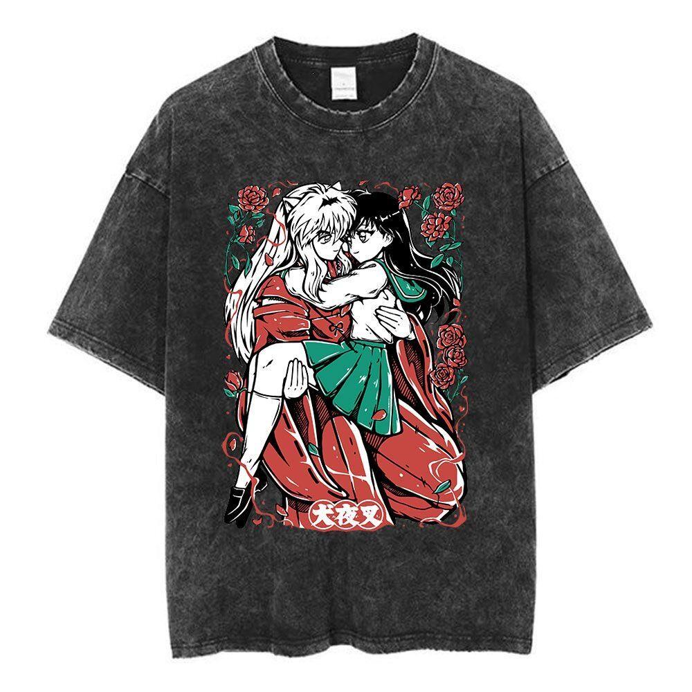 2026 Retro Washed Anime "Inuyasha" Pattern T-shirts for Men and Women Short-sleeved Loose Cotton Tops Ins