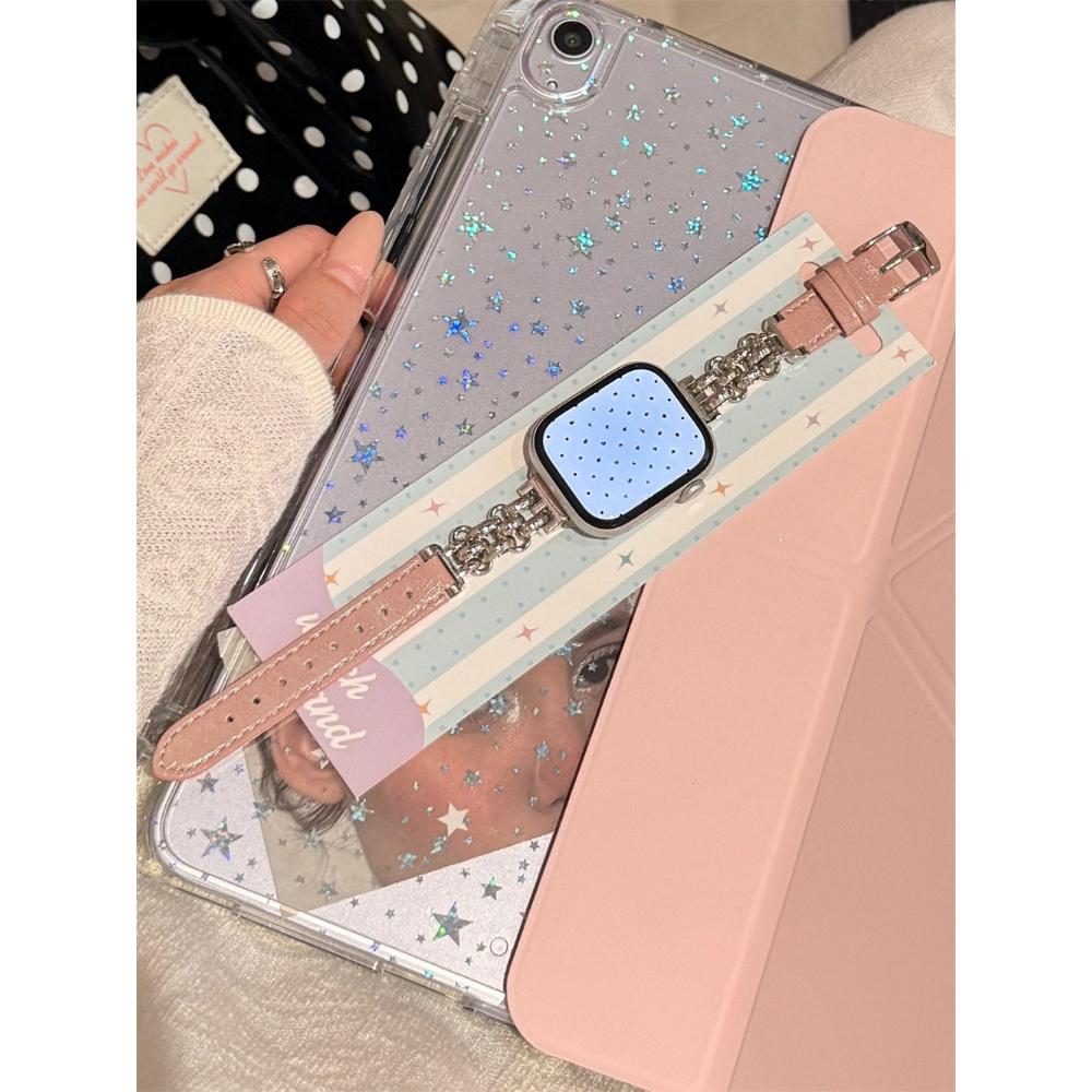 Женская металлическая цепочка со вставками из кожи ремешок для Apple Watch 11 10 46мм 42мм Браслет Ultra 3 2 49мм 9 8 7 6 5 4 SE 45мм 44мм 41мм 40мм