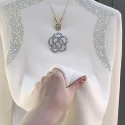 Женский свитер с полувысоким воротником и стразами, однотонный, эластичной вязки, пуловер, осень, зима