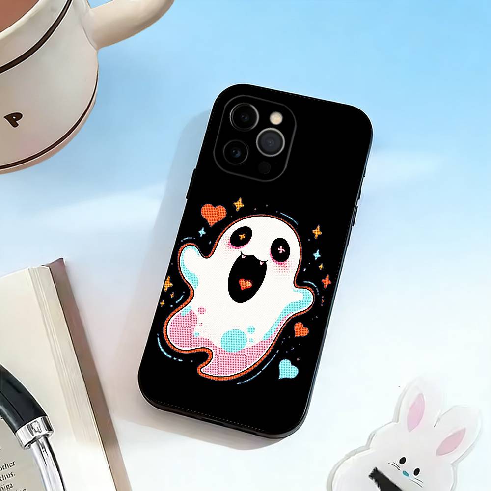 Cute Tiny ghost Phone Case For iPhone 17,16,15,14,13,12,11 Plus,Pro Max,XS,Soft Silicone Black Cover
