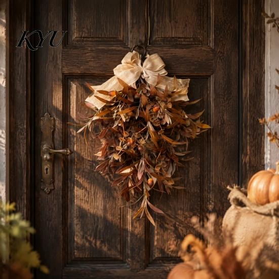 Country Style Fireplace Decoration Artificial Autumn Olive Leaf Wreath for Front Door, Retro Hanging Garland Harvest Festival Wall with Bow