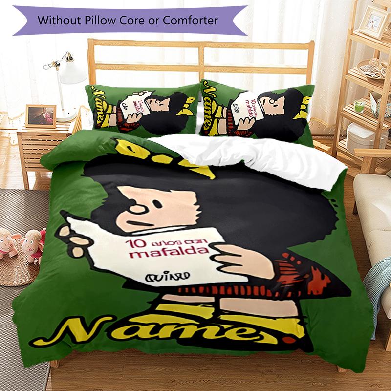3pcs Custom Name Cartoon Mafalda Bedding Set Duvet Cover Closure Includes 1 Duvet Cover & 2 Pillowcases for All Seasons Bedroom Decor