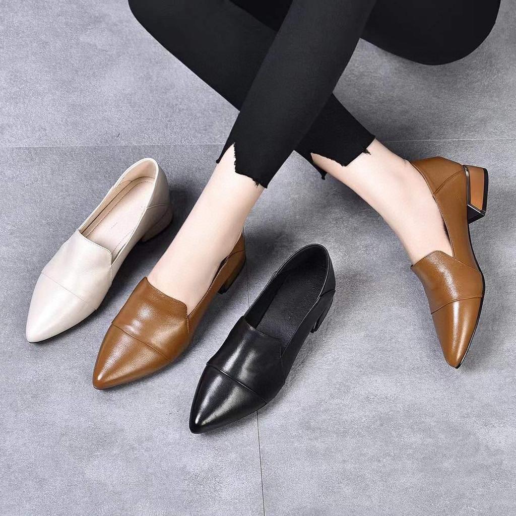 High Heels Women's 2025 Spring New Comfortable Cowhide Pointed Thick Heel Medium Heel Work Shoes One Shoe Two Wear Low-top Shoes