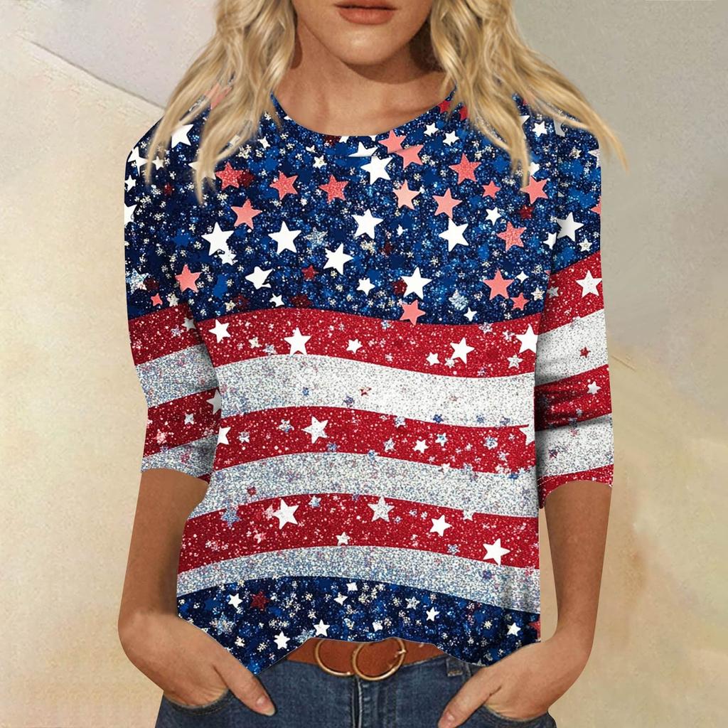 Женская мода повседневный топ с круглым вырезом и принтом на День независимости с семью рукавами