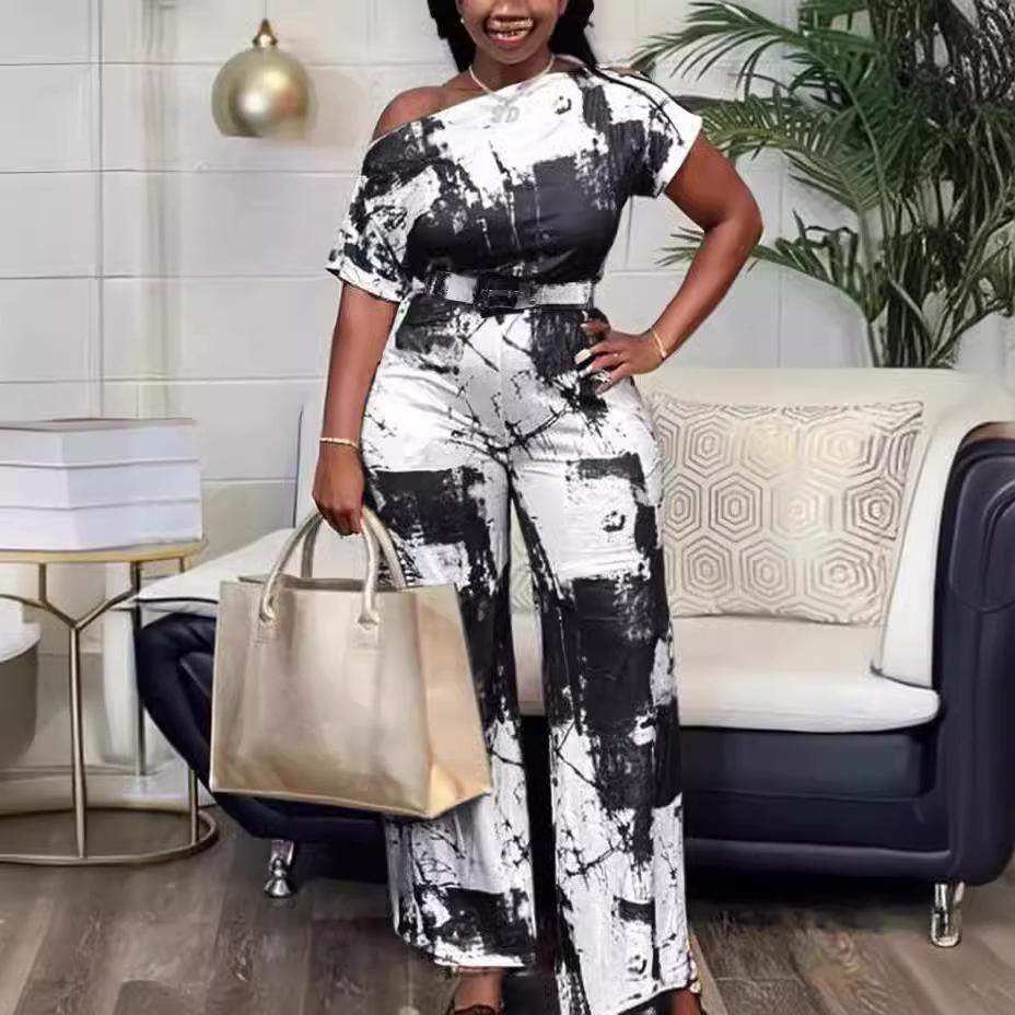 Летний женский комбинезон прямого кроя с принтом