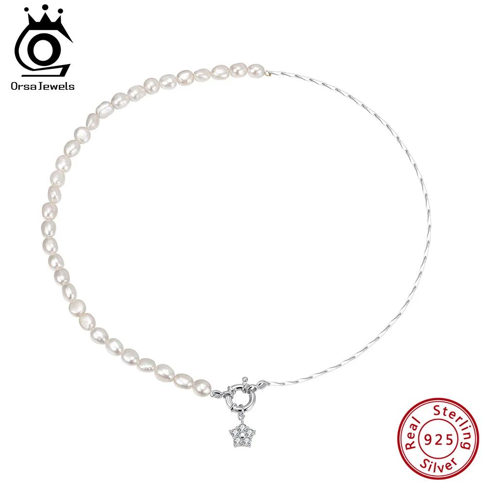 ORSA JEWELS Уникальное колье-чокер из стерлингового серебра 925 пробы с натуральным жемчугом и цирконами, винтажное звеньевое колье для женщин, цепочка, ювелирное изделие GPN92