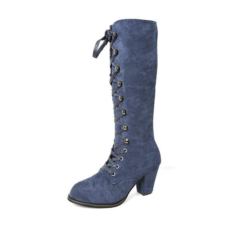 Осенне-зимние модные сапоги большого размера с ремешками, римские рыцарские сапоги, детские высокие сапоги, круглые сапоги с толстым каблуком 43