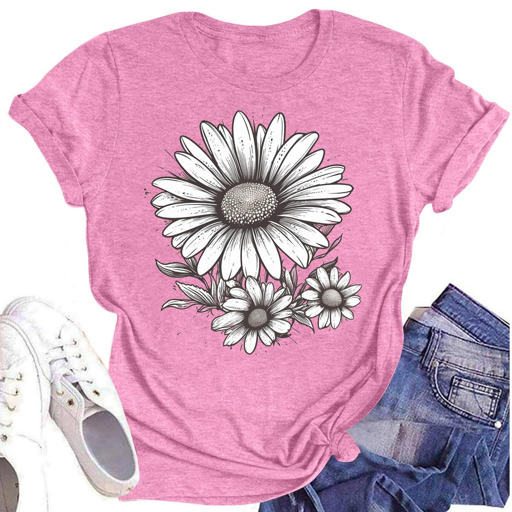 Женская повседневная футболка с круглым вырезом и цветочным принтом, короткий рукав