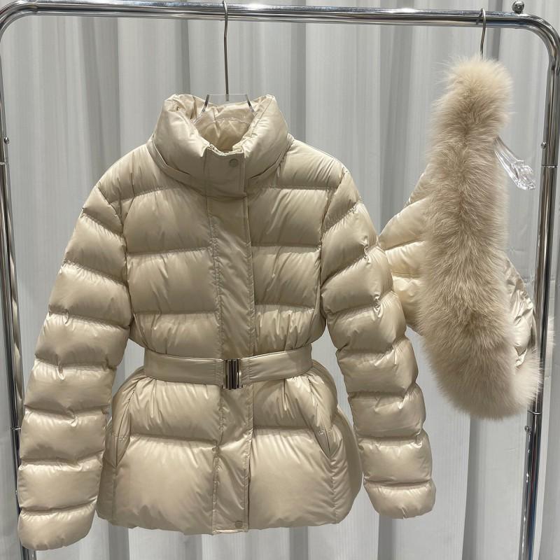 Korean Chic Winter Retro Hooded Puffer Coat With Detachable Fur Trim Belted Waist Warm Cotton Jacket
