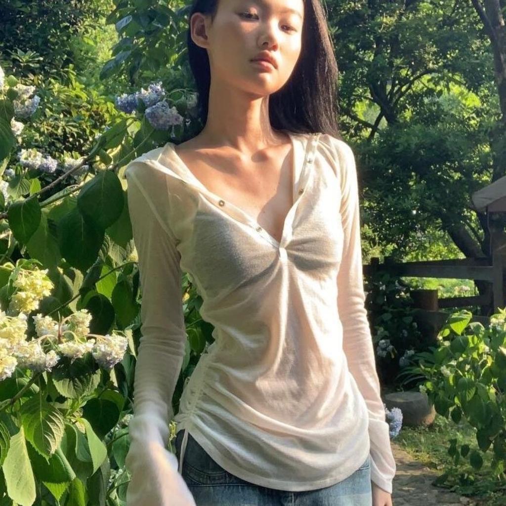 2KWEIRD Hooded T Shirt Women Clothes Long Sleeve See Through Slim 2000s Clothes Y2k Tees Female Clothing Chic Spring Tops Korean
