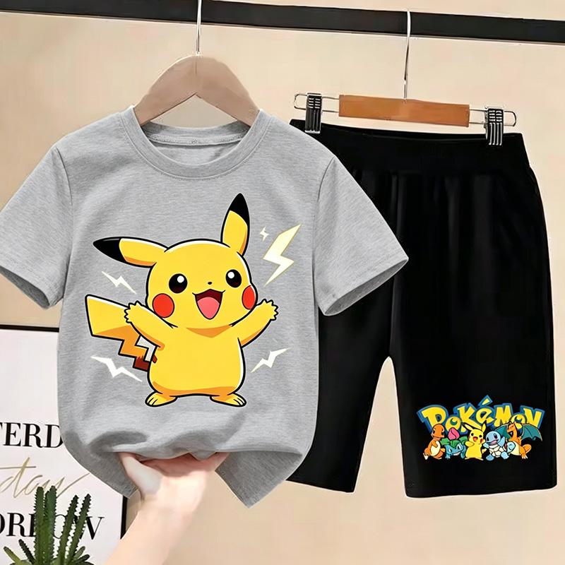 Футболка Пикачучу Детская Мальчики Девочки 2026 pokemon Летняя Футболка с коротким рукавом и Шорты Комплекты из 2 предметов Наряды для Малышей Девочек Детский Повседневный Спортивный Костюм