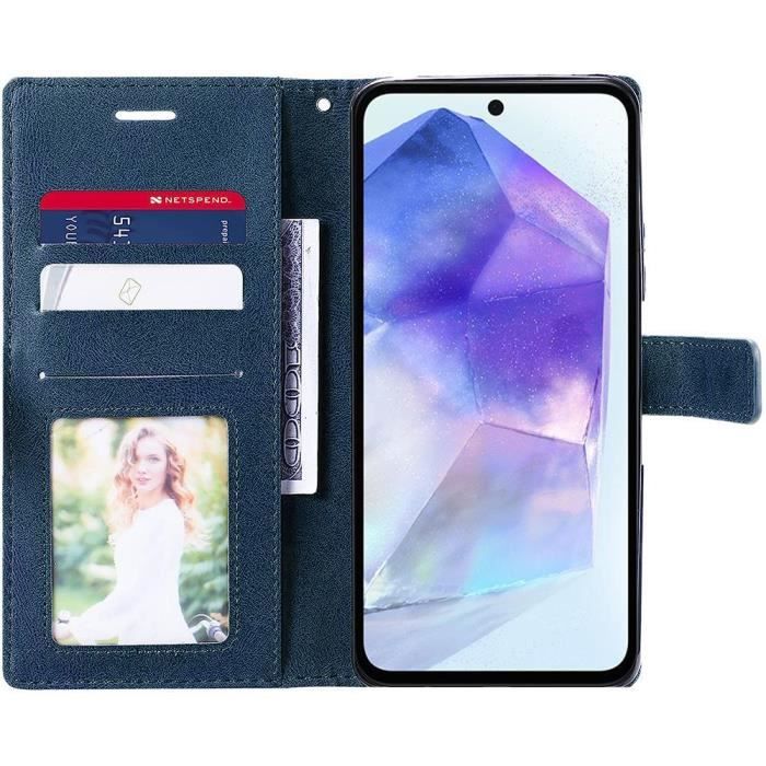Coque pour Samsung Galaxy A55 5G, Bleu Marine, Antichoc en Cuir PU avec Porte-Cartes et Fonction de Support, Effet Rétro