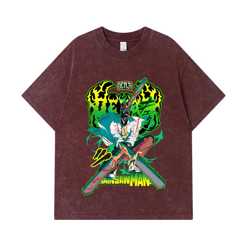 275 GSM Washed T-shirts 100% Cotton Chainsaw Man V36 Denji Pochita Print Unisex Heavy Cotton T Shirt