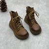 Johnature Handmade Thick Soled Genuine Leather Short Boots Retro Round Toe Lace Up Side Zipper Cowhide Women's Shoes