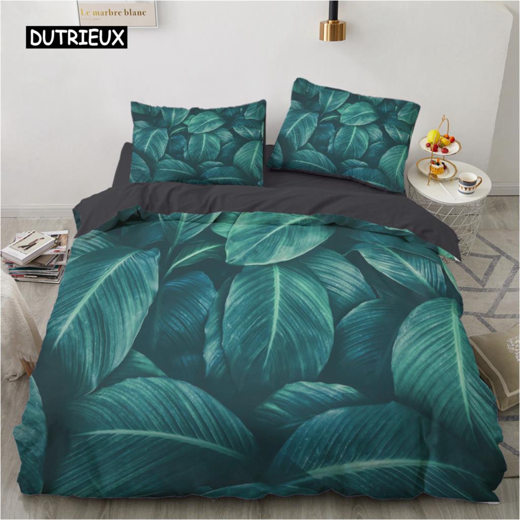 Green Leaves Bedding Set Plants Duvet Cover Set Design Palm Leaf Natural Scenery Bedroom Decoration for Women Children Teens Boy
