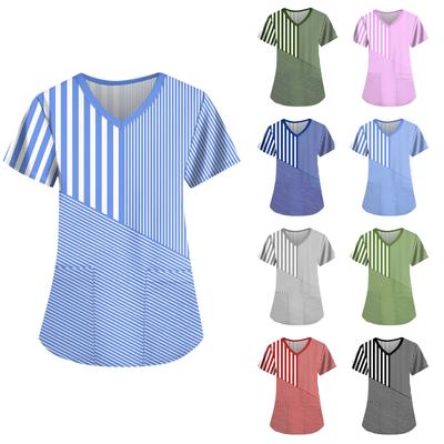 Женские топы с короткими рукавами и v-образным вырезом с принтом, рабочая блузка с карманами