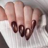 24 шт. Миндалевидные накладные ногти, коричневый однотонный цвет, кошачий глаз, глиттер, пресс-он гелевые ногти, стиль острой девушки, глянцевые съемные накладные ногти
