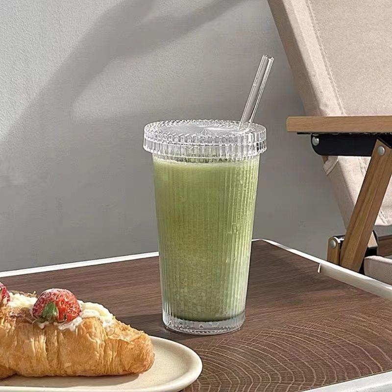 Кружки для кофе Молочная чашка Стеклянная кружка в полоску со straw Питьевая кружка Стакан для сока Стеклянный материал для любого случая