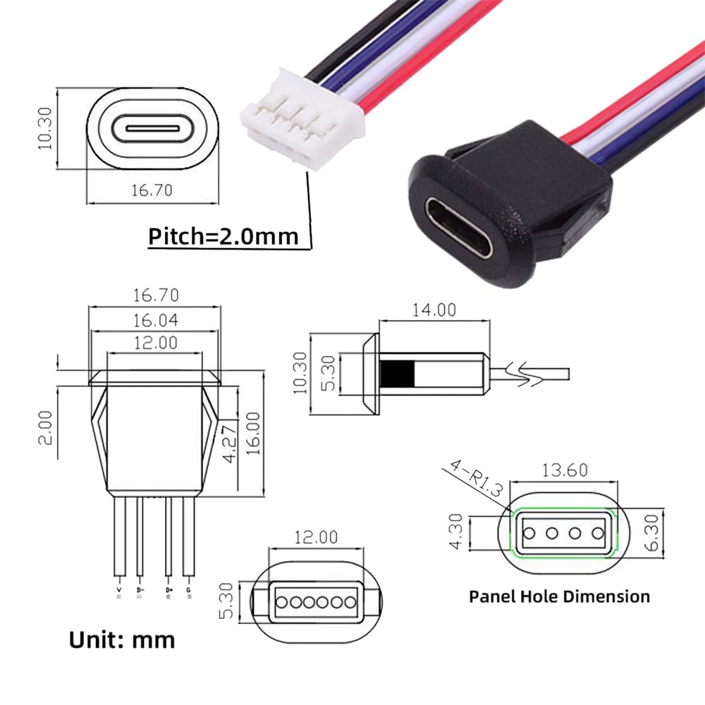 Cablecc Set Female Socket To Header Latch DIY OEM DC 5V Power 5-Piece Type-C 4-Pin Cable, 2.0mm Pitch, Mount, Support,