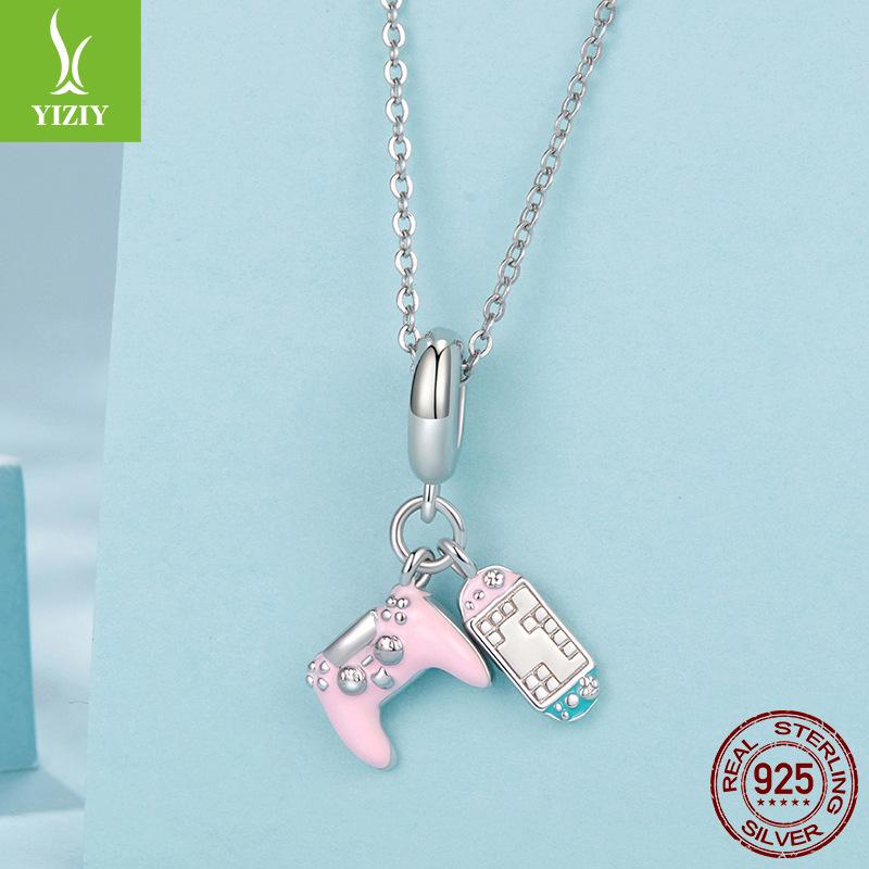 Pink Game Console Pendant Accessories, Charm Personality Sweet Cool Wind S925 Sterling Silver Diy Beads