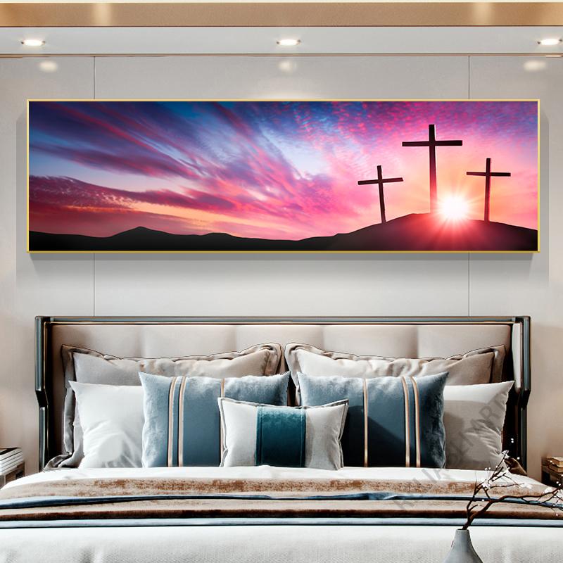 Иисус Христос три деревянных креста Холст Картина Восход солнца с облаками и звездным небом Плакаты для Спальня Декор в гостиную