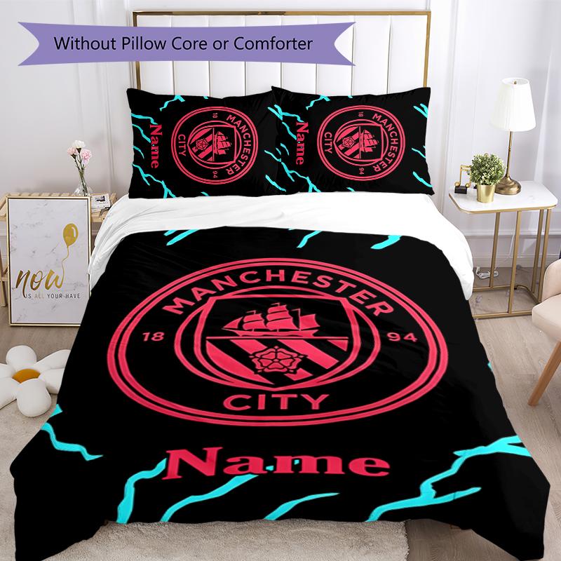 3pcs Custom Name Cartoon Manchester City F.C Bedding Set Duvet Cover Closure Includes 1 Duvet Cover & 2 Pillowcases for All Seasons Bedroom Decor