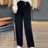 Wool Casual Pants Solid Color Straight Wide Leg Knitting Trousers with Drawstring High Waist Thickened Slacks