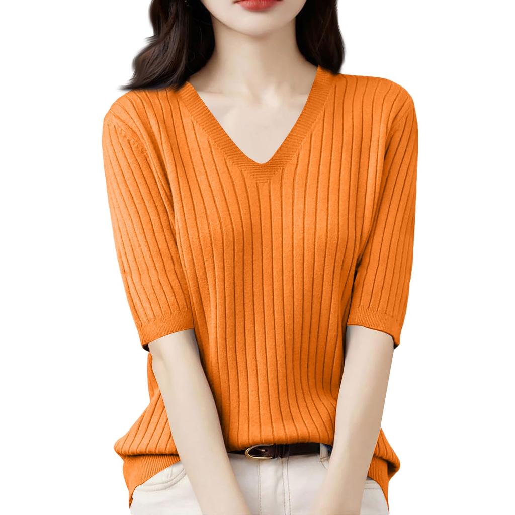 Женская мода свободный трикотажный свитер нижняя часть рубашки V-образный вырез пуловер короткий рукав однотонный топ